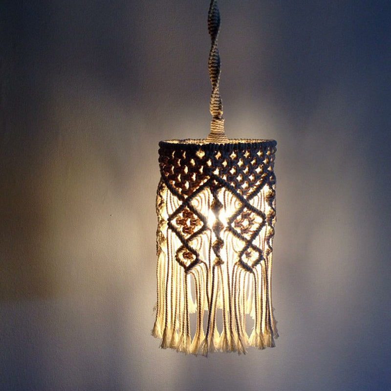 White Woven Fringe Drop Pendant Classic Hemp Rope 1 Bulb Living Room Hanging Ceiling Light Clearhalo 'Ceiling Lights' 'Pendant Lights' 'Pendants' Lighting' 2017731