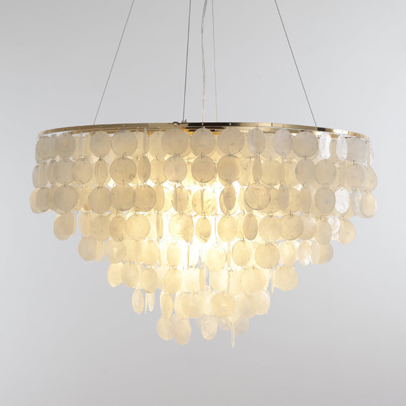 Gold Tiered Circle Chandelier Light Countryside Shell Living Room Suspension Pendant Gold 31.5" Clearhalo 'Ceiling Lights' 'Pendant Lights' 'Pendants' Lighting' 2017795_2dac445a-e02e-4a2f-bd4c-6b289fbc2099