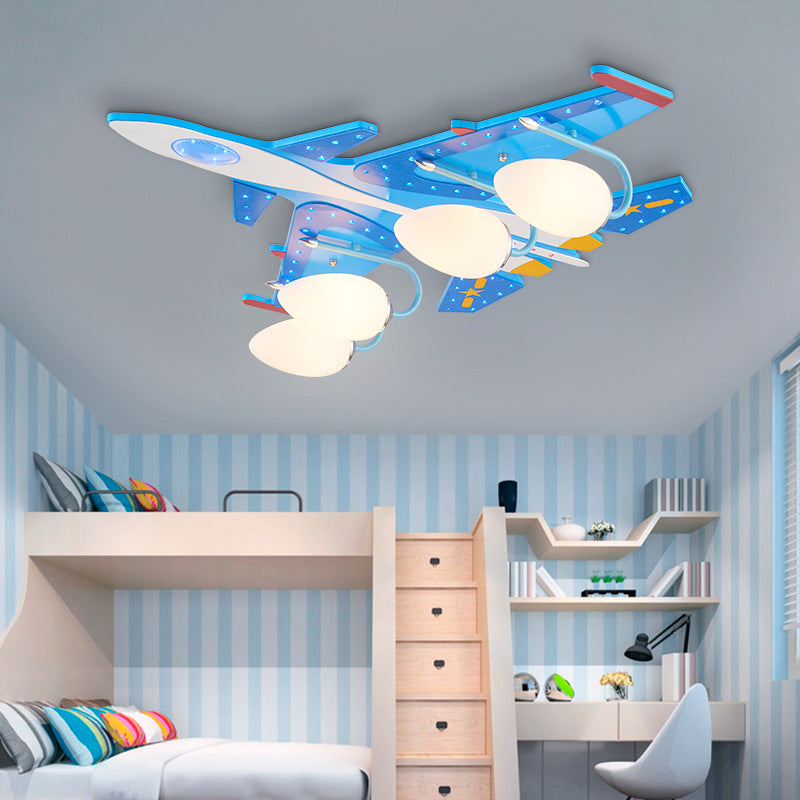 Kids Fighter Aircraft Flush Ceiling Light Glass Wood Blue LED Ceiling Lamp for Amusement Park Blue Clearhalo 'Ceiling Lights' 'Chandeliers' 'Close To Ceiling Lights' 'Close to ceiling' 'Glass shade' 'Glass' Lighting' 201800