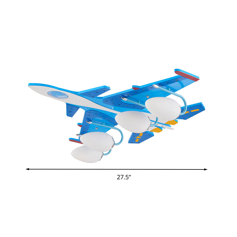 Kids Fighter Aircraft Flush Ceiling Light Glass Wood Blue LED Ceiling Lamp for Amusement Park Clearhalo 'Ceiling Lights' 'Chandeliers' 'Close To Ceiling Lights' 'Close to ceiling' 'Glass shade' 'Glass' Lighting' 201803