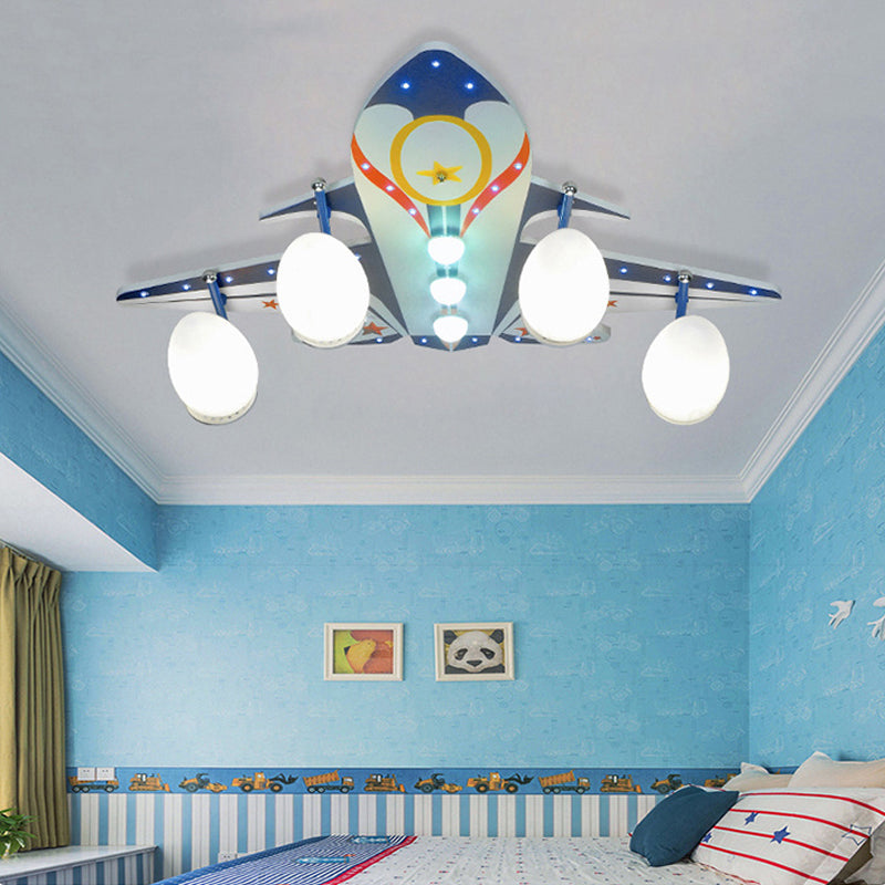 Modern Cool Blue Ceiling Mount Light Fighter Aircraft 4 Lights Wood Ceiling Lamp for Baby Room Blue Clearhalo 'Ceiling Lights' 'Close To Ceiling Lights' 'Close to ceiling' 'Glass shade' 'Glass' Lighting' 201805