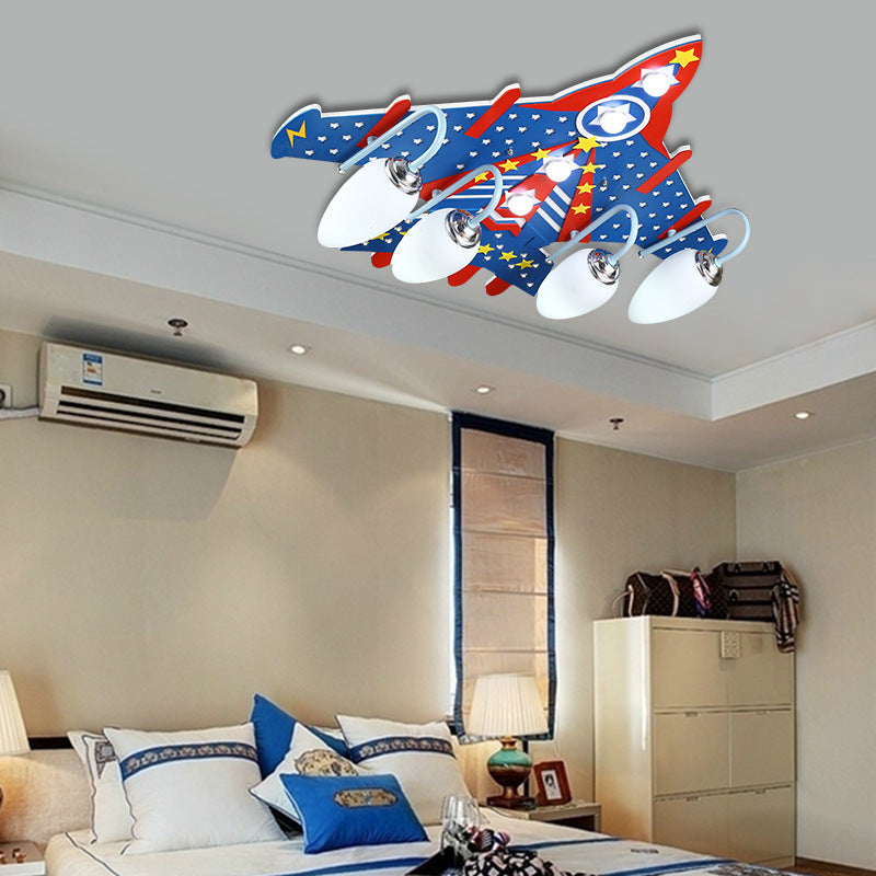 Blue Attack Aircraft Flush Mount Light American Style Wood Ceiling Light for Child Bedroom Blue A Clearhalo 'Ceiling Lights' 'Close To Ceiling Lights' 'Close to ceiling' 'Glass shade' 'Glass' Lighting' 201810