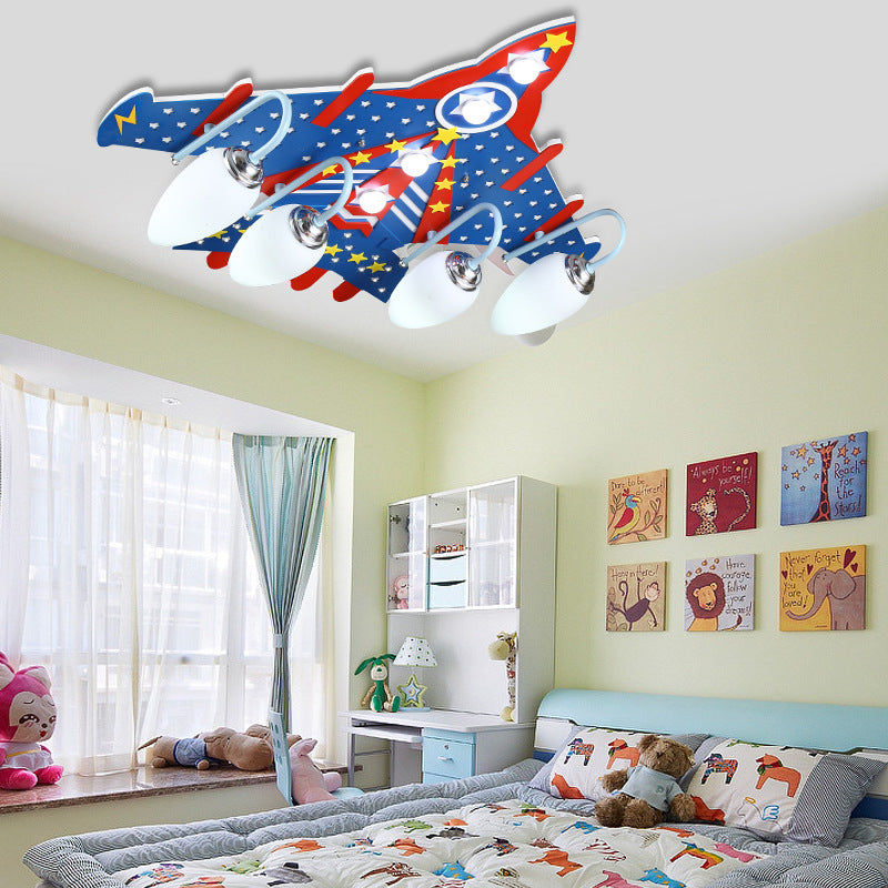 Blue Attack Aircraft Flush Mount Light American Style Wood Ceiling Light for Child Bedroom Clearhalo 'Ceiling Lights' 'Close To Ceiling Lights' 'Close to ceiling' 'Glass shade' 'Glass' Lighting' 201811