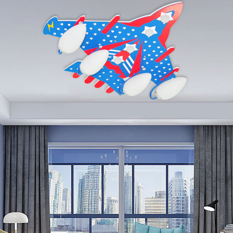 Blue Attack Aircraft Flush Mount Light American Style Wood Ceiling Light for Child Bedroom Blue B Clearhalo 'Ceiling Lights' 'Close To Ceiling Lights' 'Close to ceiling' 'Glass shade' 'Glass' Lighting' 201815