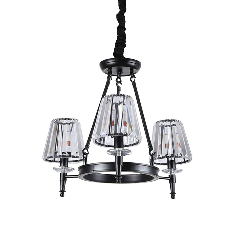 Farmhouse Conic Chandelier Light Fixture Faceted Crystal Pendant Lighting with Hoop 3 Black Clearhalo 'Ceiling Lights' 'Chandeliers' Lighting' options 2018153_27c7b832-8d08-428d-a723-7b56bda401a4