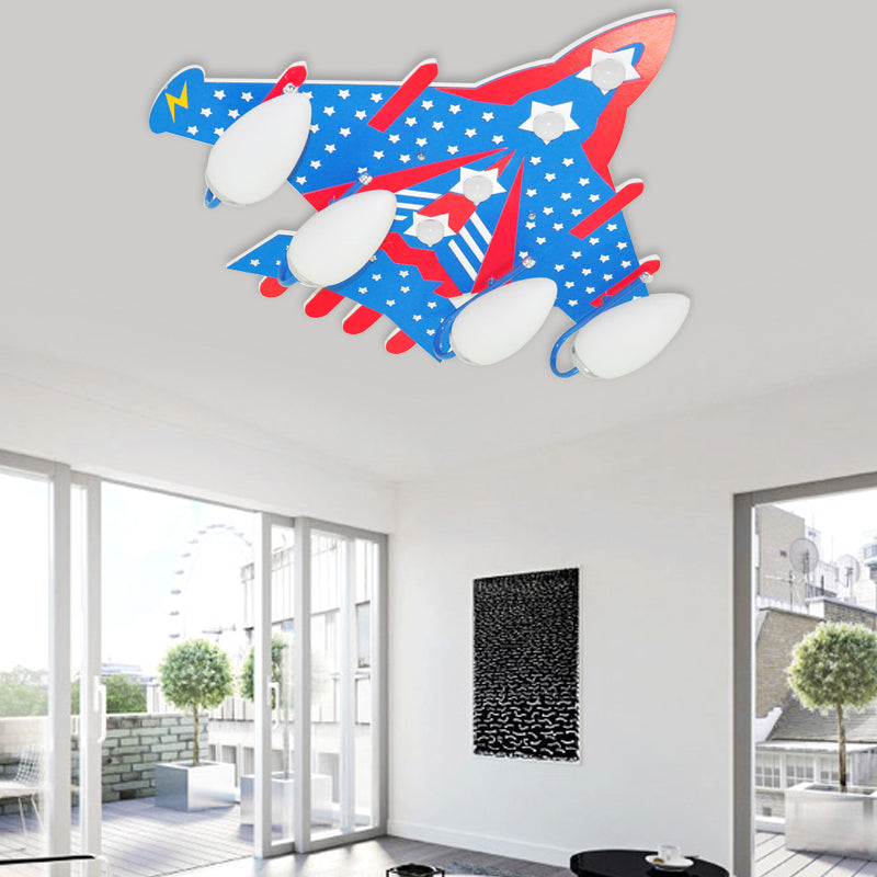 Blue Attack Aircraft Flush Mount Light American Style Wood Ceiling Light for Child Bedroom Clearhalo 'Ceiling Lights' 'Close To Ceiling Lights' 'Close to ceiling' 'Glass shade' 'Glass' Lighting' 201816