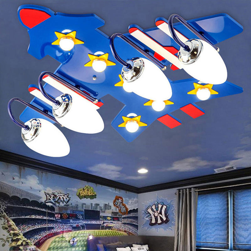 4 Bulbs Airplane Ceiling Light American Style Wooden Flush Mount Light in Blue for Kid Room Clearhalo 'Ceiling Lights' 'Close To Ceiling Lights' 'Close to ceiling' 'Glass shade' 'Glass' Lighting' 201819