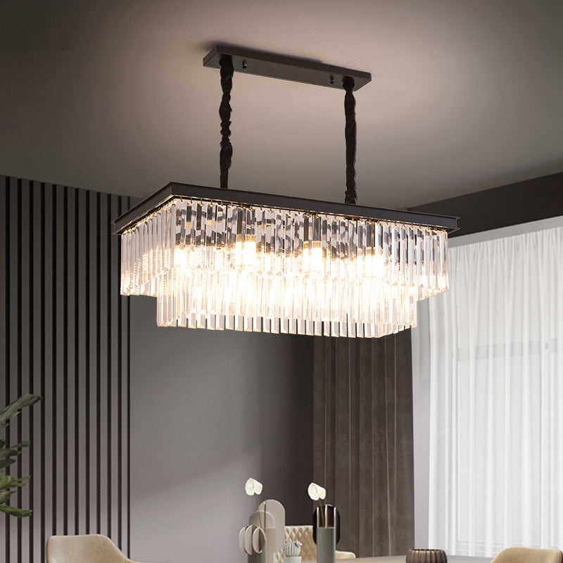 8 Bulbs Island Lamp Country Dining Room Hanging Light Kit with Rectangle Faceted Crystal Shade Clearhalo 'Ceiling Lights' 'Island Lights' Lighting' 2018197