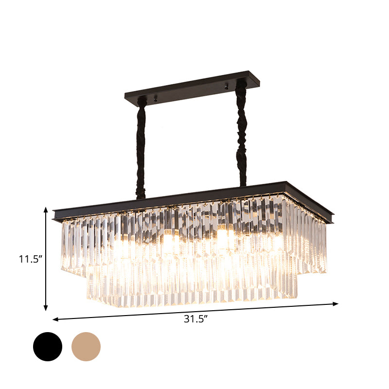 8 Bulbs Island Lamp Country Dining Room Hanging Light Kit with Rectangle Faceted Crystal Shade Clearhalo 'Ceiling Lights' 'Island Lights' Lighting' 2018201