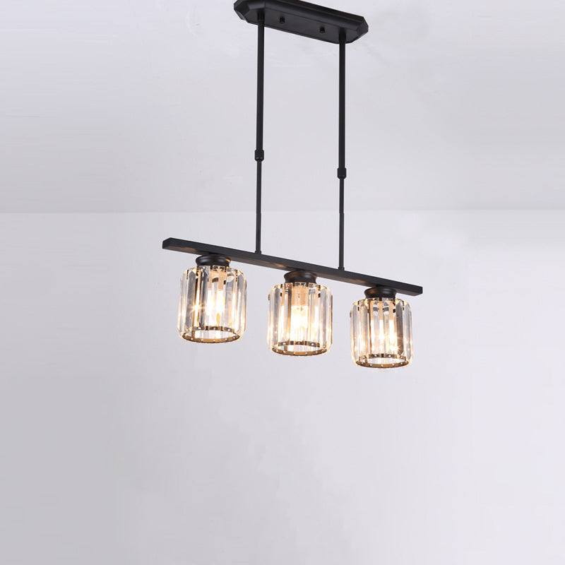 Country Cylinder Hanging Island Light Clear Crystal Pendant Lighting Fixture for Dining Room 3 Black Clearhalo 'Ceiling Lights' 'Island Lights' Lighting' 2018231