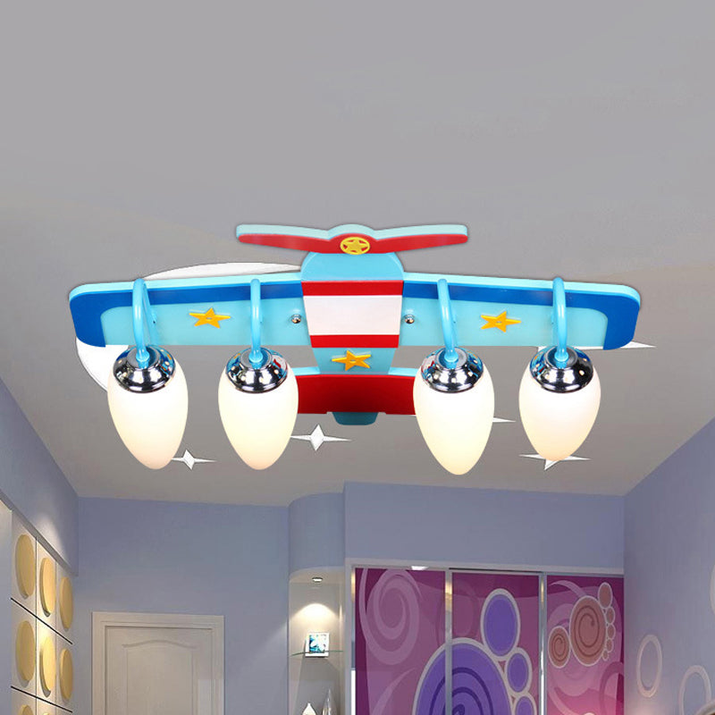 Wooden Propeller Plane Ceiling Lamp Theme Park 4 Heads Cartoon Flush Mount Light in Blue Clearhalo 'Ceiling Lights' 'Close To Ceiling Lights' 'Close to ceiling' 'Glass shade' 'Glass' Lighting' 201829