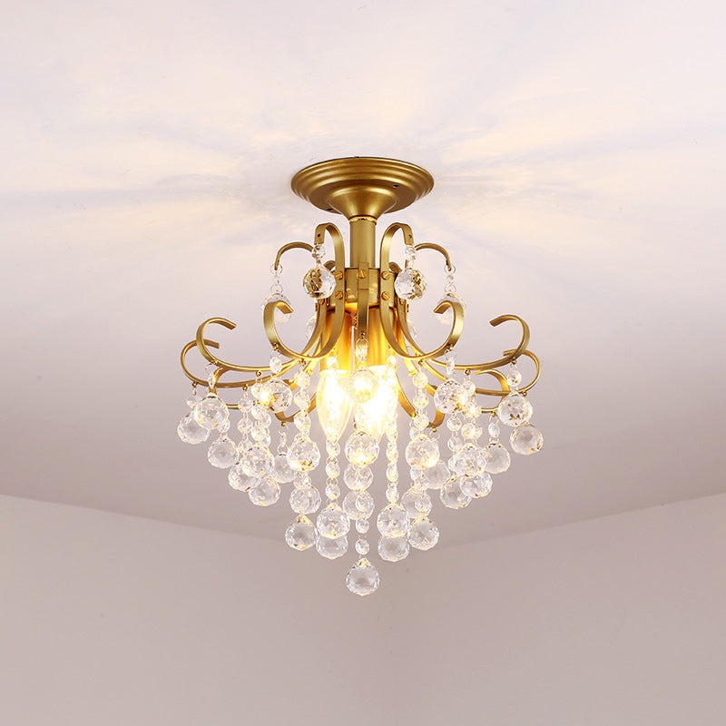 Farmhouse Bent Arm Frame Ceiling Light 3 Lights Metal Semi Flush Mount with Crystal Droplet Gold A Clearhalo 'Ceiling Lights' 'Close To Ceiling Lights' 'Close to ceiling' 'Semi-flushmount' Lighting' 2018294