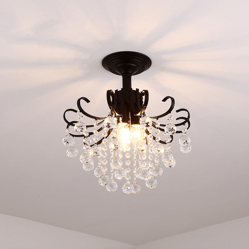 Farmhouse Bent Arm Frame Ceiling Light 3 Lights Metal Semi Flush Mount with Crystal Droplet Black B Clearhalo 'Ceiling Lights' 'Close To Ceiling Lights' 'Close to ceiling' 'Semi-flushmount' Lighting' 2018295