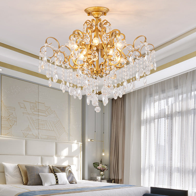 Classic Scrolled Arm Semi Flush Light Metal Ceiling Lighting in Brass with Crystal Draping Clearhalo 'Ceiling Lights' 'Close To Ceiling Lights' 'Close to ceiling' 'Flush mount' Lighting' 2018306