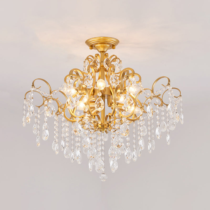 Classic Scrolled Arm Semi Flush Light Metal Ceiling Lighting in Brass with Crystal Draping 8 Brass Clearhalo 'Ceiling Lights' 'Close To Ceiling Lights' 'Close to ceiling' 'Flush mount' Lighting' 2018308