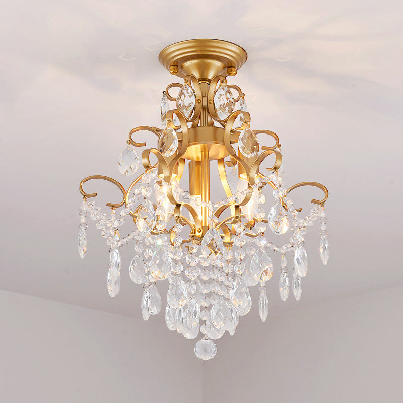 Classic Scrolled Arm Semi Flush Light Metal Ceiling Lighting in Brass with Crystal Draping 3 Brass Clearhalo 'Ceiling Lights' 'Close To Ceiling Lights' 'Close to ceiling' 'Flush mount' Lighting' 2018309