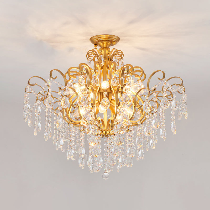 Classic Scrolled Arm Semi Flush Light Metal Ceiling Lighting in Brass with Crystal Draping 12 Brass Clearhalo 'Ceiling Lights' 'Close To Ceiling Lights' 'Close to ceiling' 'Flush mount' Lighting' 2018310