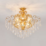 Classic Scrolled Arm Semi Flush Light Metal Ceiling Lighting in Brass with Crystal Draping 12 Brass Clearhalo 'Ceiling Lights' 'Close To Ceiling Lights' 'Close to ceiling' 'Flush mount' Lighting' 2018310