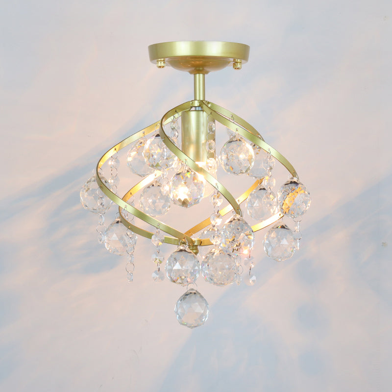 Metal Geometrical Semi Flush Traditional 1 Light Corridor Crystal Ceiling Mounted Fixture in Brass Brass C Clearhalo 'Ceiling Lights' 'Close To Ceiling Lights' 'Close to ceiling' 'Semi-flushmount' Lighting' 2018312
