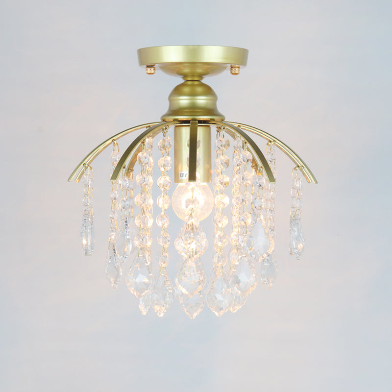 Metal Geometrical Semi Flush Traditional 1 Light Corridor Crystal Ceiling Mounted Fixture in Brass Brass A Clearhalo 'Ceiling Lights' 'Close To Ceiling Lights' 'Close to ceiling' 'Semi-flushmount' Lighting' 2018313