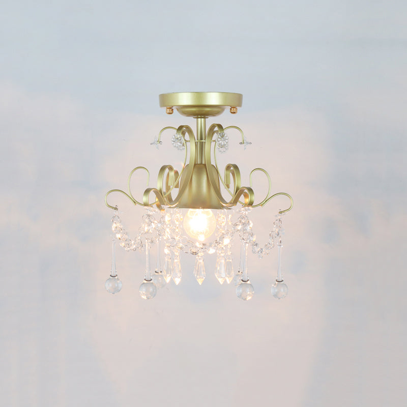 Metal Geometrical Semi Flush Traditional 1 Light Corridor Crystal Ceiling Mounted Fixture in Brass Brass B Clearhalo 'Ceiling Lights' 'Close To Ceiling Lights' 'Close to ceiling' 'Semi-flushmount' Lighting' 2018316