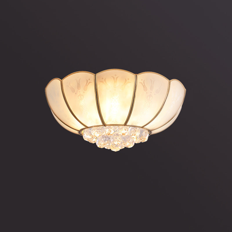 Farmhouse Bowl Semi Flush Mount Light Frosted Glass Ceiling Lighting in Brass with Orb Crystal Accent Brass 23" Clearhalo 'Ceiling Lights' 'Close To Ceiling Lights' 'Close to ceiling' 'Flush mount' Lighting' 2018323