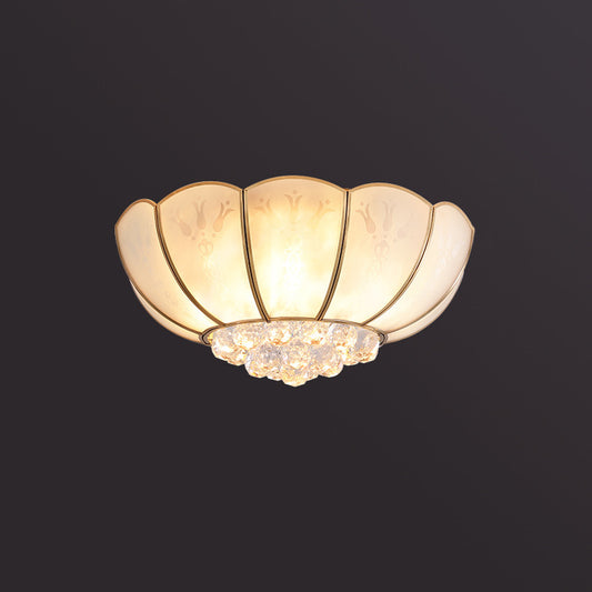 Farmhouse Bowl Semi Flush Mount Light Frosted Glass Ceiling Lighting in Brass with Orb Crystal Accent Brass 23" Clearhalo 'Ceiling Lights' 'Close To Ceiling Lights' 'Close to ceiling' 'Flush mount' Lighting' 2018323