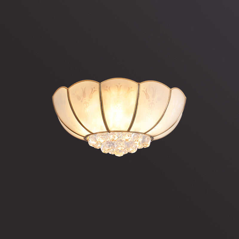 Farmhouse Bowl Semi Flush Mount Light Frosted Glass Ceiling Lighting in Brass with Orb Crystal Accent Brass 19.5" Clearhalo 'Ceiling Lights' 'Close To Ceiling Lights' 'Close to ceiling' 'Flush mount' Lighting' 2018324