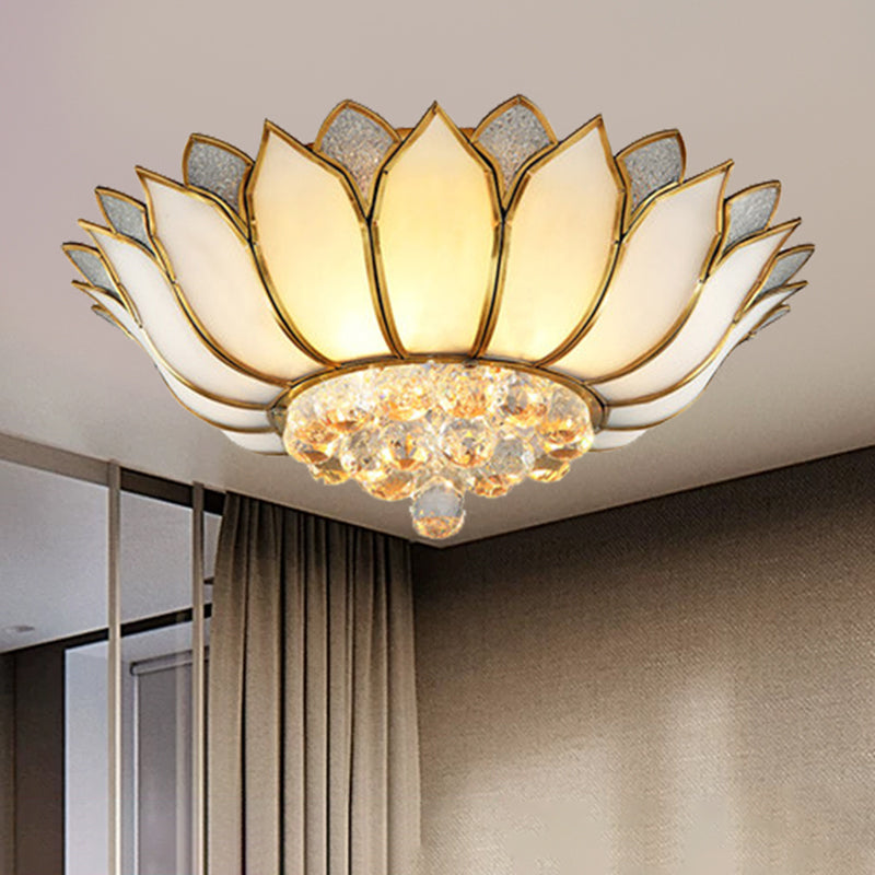 Frosted Glass Lotus Semi Mount Lighting Rural Bedroom Ceiling Flush in Brass with Crystal Droplet Clearhalo 'Ceiling Lights' 'Close To Ceiling Lights' 'Close to ceiling' 'Flush mount' Lighting' 2018325