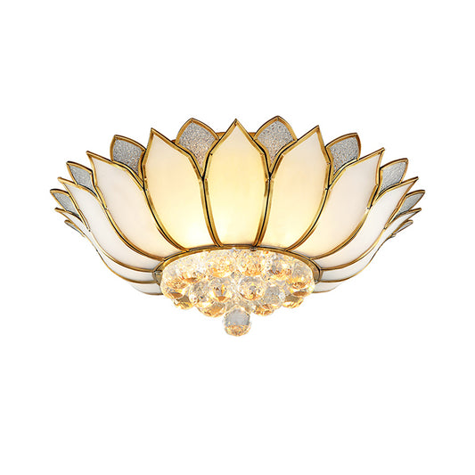 Frosted Glass Lotus Semi Mount Lighting Rural Bedroom Ceiling Flush in Brass with Crystal Droplet Brass Clearhalo 'Ceiling Lights' 'Close To Ceiling Lights' 'Close to ceiling' 'Flush mount' Lighting' 2018326