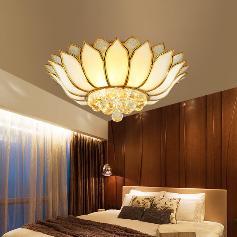 Frosted Glass Lotus Semi Mount Lighting Rural Bedroom Ceiling Flush in Brass with Crystal Droplet Clearhalo 'Ceiling Lights' 'Close To Ceiling Lights' 'Close to ceiling' 'Flush mount' Lighting' 2018327