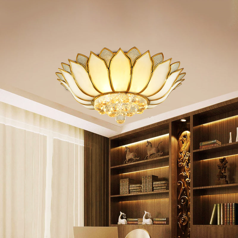 Frosted Glass Lotus Semi Mount Lighting Rural Bedroom Ceiling Flush in Brass with Crystal Droplet Clearhalo 'Ceiling Lights' 'Close To Ceiling Lights' 'Close to ceiling' 'Flush mount' Lighting' 2018328