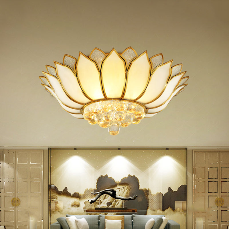 Frosted Glass Lotus Semi Mount Lighting Rural Bedroom Ceiling Flush in Brass with Crystal Droplet Clearhalo 'Ceiling Lights' 'Close To Ceiling Lights' 'Close to ceiling' 'Flush mount' Lighting' 2018329
