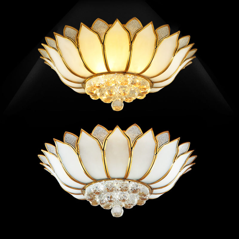 Frosted Glass Lotus Semi Mount Lighting Rural Bedroom Ceiling Flush in Brass with Crystal Droplet Clearhalo 'Ceiling Lights' 'Close To Ceiling Lights' 'Close to ceiling' 'Flush mount' Lighting' 2018330