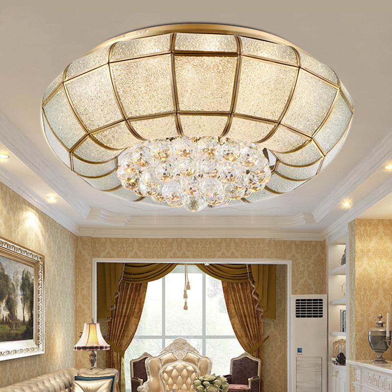 LED Round Flush Mount Lighting Country Brass Finish Seedy Glass Ceiling Lamp with Crystal Draping Clearhalo 'Ceiling Lights' 'Close To Ceiling Lights' 'Close to ceiling' 'Flush mount' Lighting' 2018331