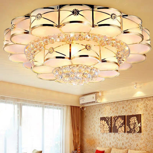 Blossom Frosted Glass Flush Light Fixture Traditional Bedroom Ceiling Lighting in Gold with Dangling Crystal Gold 2 Tiers Large Clearhalo 'Ceiling Lights' 'Close To Ceiling Lights' 'Close to ceiling' 'Flush mount' Lighting' 2018336