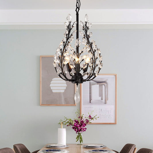 Rustic Laurel Chandelier Lighting 4-Light Clear Crystal Ceiling Pendant Light in Black Clearhalo 'Ceiling Lights' 'Chandeliers' Lighting' options 2018355