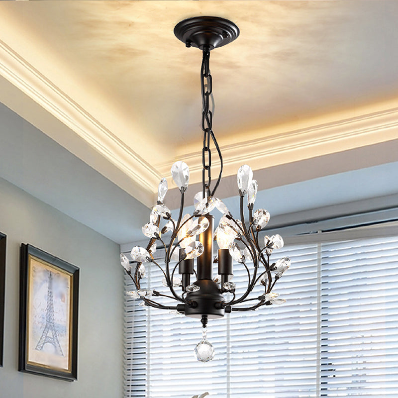 Crystal Leaves Hanging Chandelier Traditional 3 Bulbs Dining Room Pendulum Light Black Clearhalo 'Ceiling Lights' 'Chandeliers' 'Modern Chandeliers' 'Modern' Lighting' 2018358