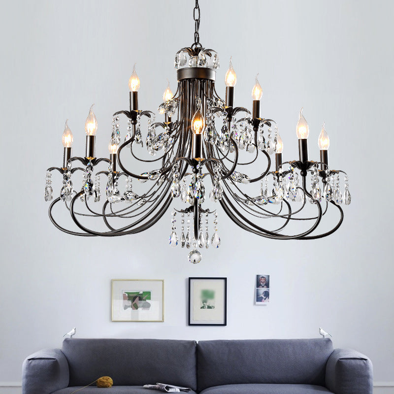 Black Curving Chandelier Lamp Farmhouse Metal Living Room Crystal Pendant Lighting with Candle Design Clearhalo 'Ceiling Lights' 'Chandeliers' Lighting' options 2018390