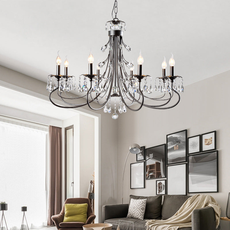 Black Curving Chandelier Lamp Farmhouse Metal Living Room Crystal Pendant Lighting with Candle Design Clearhalo 'Ceiling Lights' 'Chandeliers' Lighting' options 2018391