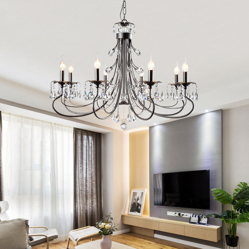 Black Curving Chandelier Lamp Farmhouse Metal Living Room Crystal Pendant Lighting with Candle Design Clearhalo 'Ceiling Lights' 'Chandeliers' Lighting' options 2018392