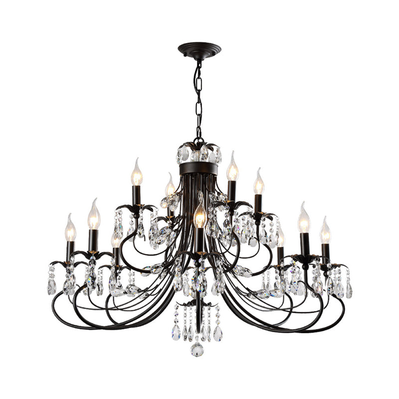 Black Curving Chandelier Lamp Farmhouse Metal Living Room Crystal Pendant Lighting with Candle Design Clearhalo 'Ceiling Lights' 'Chandeliers' Lighting' options 2018394