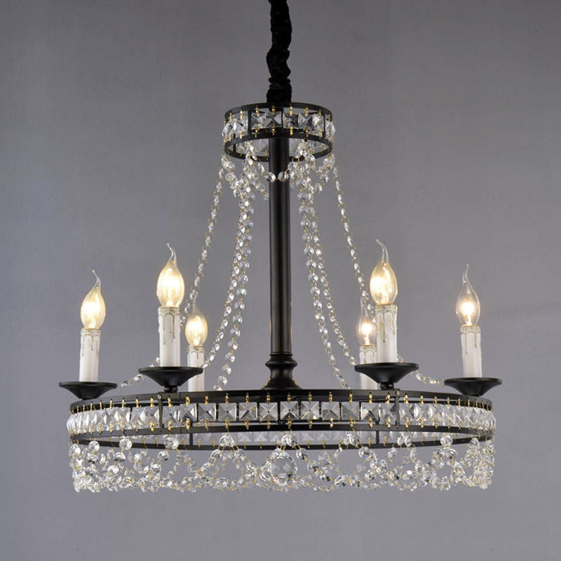 Candle Living Room Chandelier Light Country Crystal Strand Black Pendant Lamp with Wagon Wheel Design Clearhalo 'Ceiling Lights' 'Chandeliers' Lighting' options 2018398