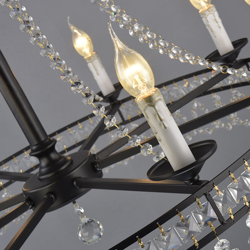 Candle Living Room Chandelier Light Country Crystal Strand Black Pendant Lamp with Wagon Wheel Design Clearhalo 'Ceiling Lights' 'Chandeliers' Lighting' options 2018399