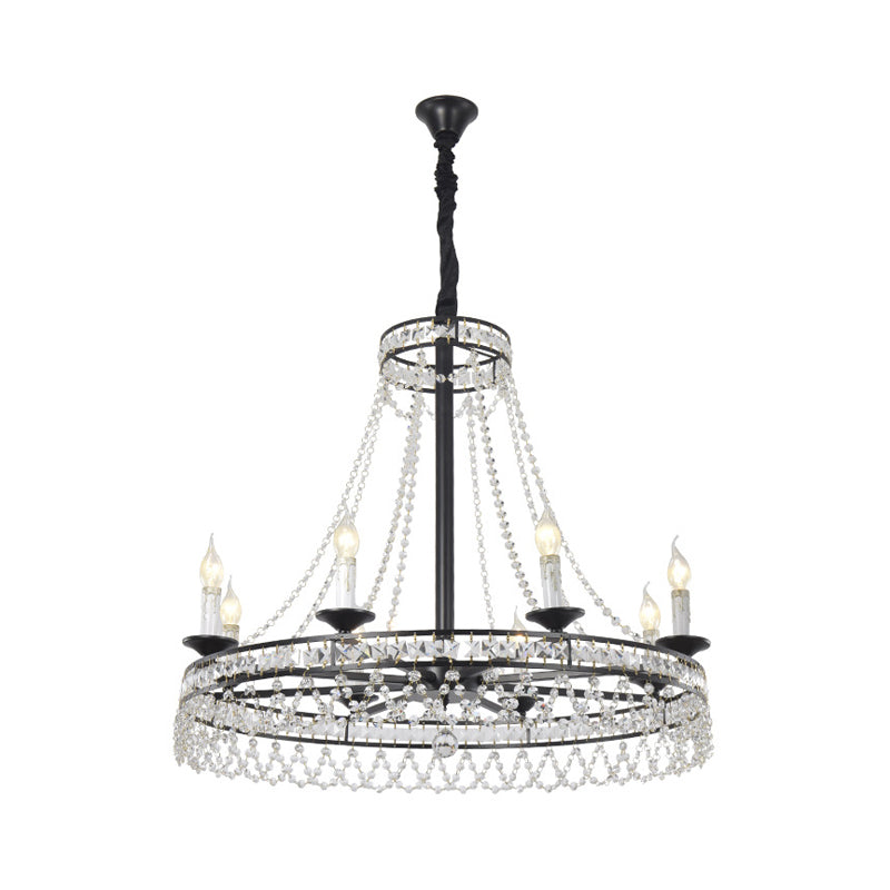 Candle Living Room Chandelier Light Country Crystal Strand Black Pendant Lamp with Wagon Wheel Design Clearhalo 'Ceiling Lights' 'Chandeliers' Lighting' options 2018402