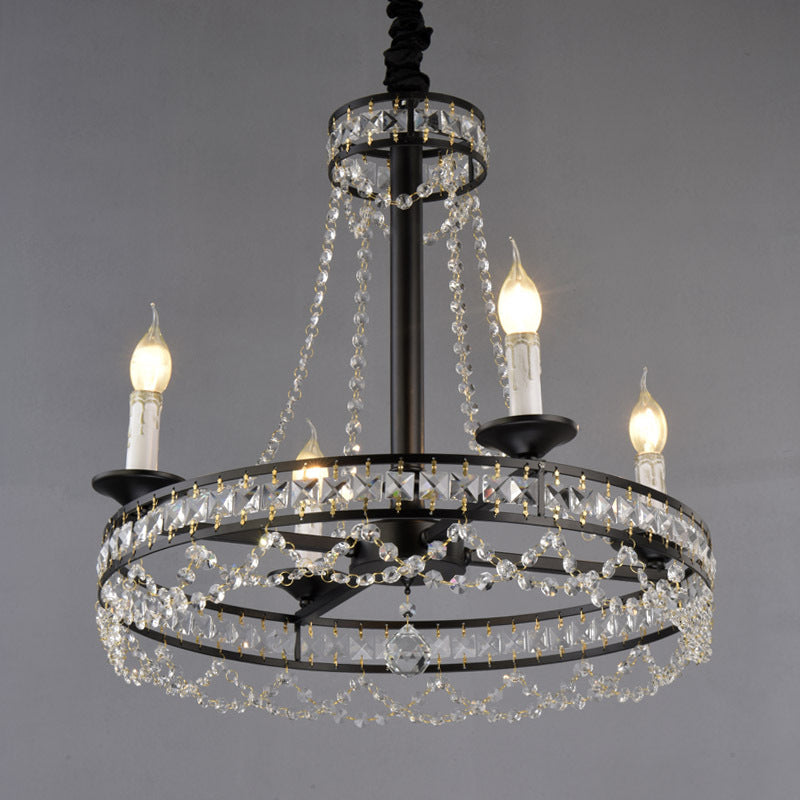 Candle Living Room Chandelier Light Country Crystal Strand Black Pendant Lamp with Wagon Wheel Design Clearhalo 'Ceiling Lights' 'Chandeliers' Lighting' options 2018403