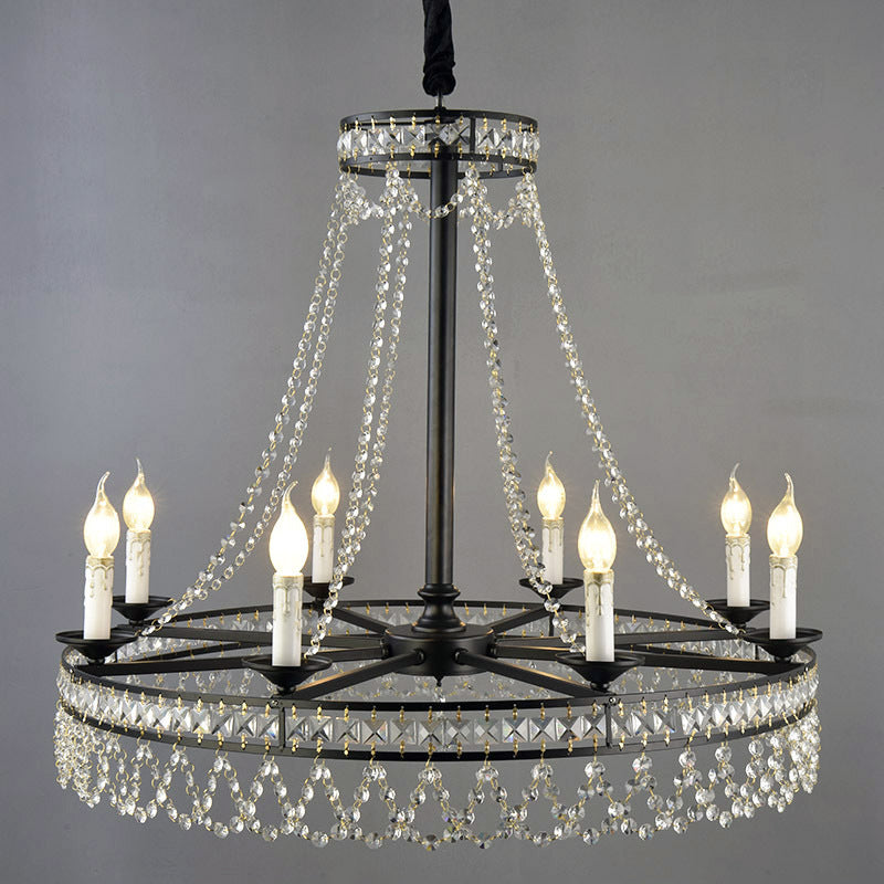 Candle Living Room Chandelier Light Country Crystal Strand Black Pendant Lamp with Wagon Wheel Design Clearhalo 'Ceiling Lights' 'Chandeliers' Lighting' options 2018404