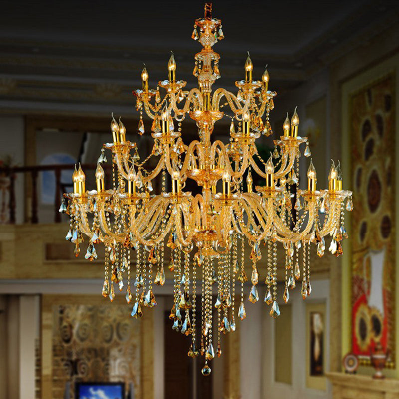 Amber Crystal Gold Hanging Pendant Curvy Arm 25 Lights Traditional Chandelier Lighting Fixture Gold 47" Clearhalo 'Ceiling Lights' 'Chandeliers' Lighting' options 2018418_4ae83c63-80a7-426e-b54b-4a411a0a6d9a