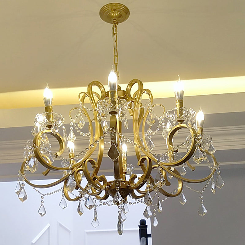 Traditional Swooping Arm Chandelier Metal Pendant Light Kit with Crystal Accent in Gold Clearhalo 'Ceiling Lights' 'Chandeliers' Lighting' options 2018420