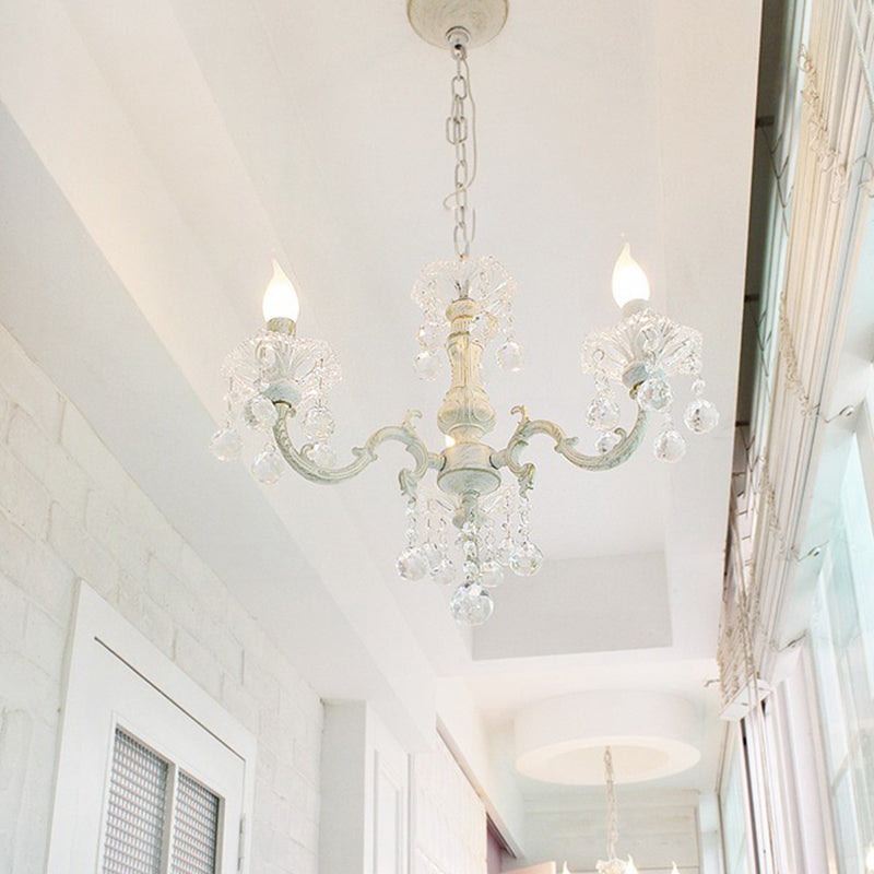 Metal Candle Suspension Lamp Rustic Corridor Chandelier Lighting Fixture with Crystal Draping in White 3 White Clearhalo 'Ceiling Lights' 'Chandeliers' Lighting' options 2018429_a07932ca-e4e3-4608-89ad-8d4805464a94